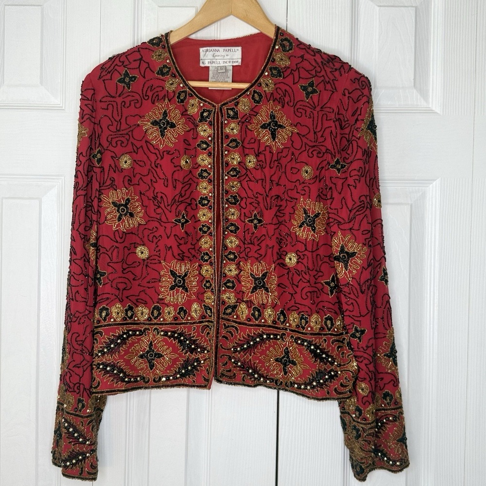 Adriana Papell Evening 1994 Vintage Silk Beaded Red And Gold Blazer Jacket Large